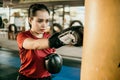 young woman boxer doing exercise hitting punching bag