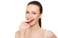 Young woman with brackets on teeth eating apple Royalty Free Stock Photo