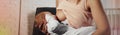 Young woman breast feeding her little baby, closeup. Banner design Royalty Free Stock Photo