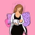 Young woman breastfeeding her baby, vector comics style motherhood illustration.