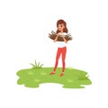 Young woman bringing brushwood, camper tourist relaxing at summer vacations vector Illustration on a white background