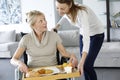 Young woman bringing lunch to handicaped woman Royalty Free Stock Photo