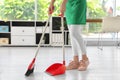 Young woman with broom and dustpan cleaning