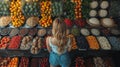 Woman Shopping at a Vibrantly Colored Fruit and Nut Market