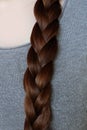 Young woman, brunette, braids her long beautiful brown hair in a thick braid, concept of hygiene, hair care, traditions Royalty Free Stock Photo