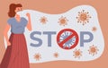 Young woman in face medical mask stay near huge stop crossed out sign, flying virus, world epidemy