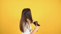 Young woman brushing hair with round hair tool. Rear view of the young female with beauty straight long brown hairs