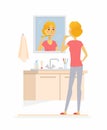 Young woman brushing her teeth - cartoon people character isolated illustration