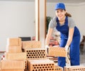 Young woman builder stacking bricks in building site