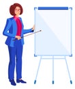 Young woman businessman in blue business suit shows pointer on flip board