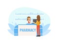 Young Woman Buying Medicine in Pharmacy, Female Pharmacist Standing Behind Counter Vector Illustration