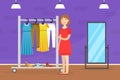 Young Woman Buying New Dress, Female Customer Character Choosing Cothes on Shop Hanger Rack Flat Style Vector