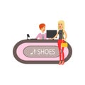 Young woman buying shoes in a shoe store, girl shopping in a mall colorful vector illustration Royalty Free Stock Photo