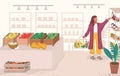 Young woman buys food in a supermarket vector illustration in flat style. Royalty Free Stock Photo