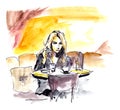 Young woman in cafe sitting at table with coffee cup, sketch