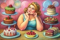 Young woman and cake. Overweight problem Royalty Free Stock Photo