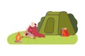 Young Woman Camper Sitting at Campfire Wrapped in Blanket Vector Illustration