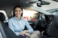 Young Woman in a Car Rental Service Test Drive Concept Royalty Free Stock Photo