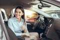 Young Woman in a Car Rental Service Test Drive Concept Royalty Free Stock Photo