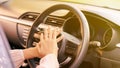 Young woman in car. Ride instruction. Automobile loan Royalty Free Stock Photo