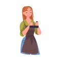 Young Woman Carpenter in Apron with Sharpener Vector Illustration