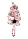 Young Woman carrying a bunch of gifts and carry bags, stylish fashion sketch, christmas illustration, birthday, holiday Royalty Free Stock Photo