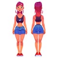 Young woman cartoon character front and rear view