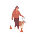 Young woman cartoon character training dog, pet obedience education vector scene illustration