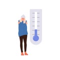 Young woman cartoon character wearing warm clothing freezing feeling cold nearby thermometer