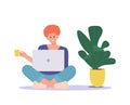 Young Woman Cartoon Character Working, Studying On Laptop Or Surfing Internet Spending Time At Home