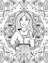 A young woman, cartoon girl, doll adult coloring book page with floral and mandala background Royalty Free Stock Photo
