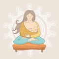 Young woman in cartoon style doing yoga while holding a cute and calm baby boy.