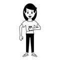 Young woman with casual clothes holding coffee cup cartoon in black and white Royalty Free Stock Photo