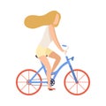 Young Woman in Casual Clothes Riding Bicycle, Cycling Girl Exercising or Relaxing Vector Illustration