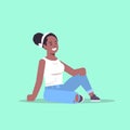 Young woman in casual clothes sitting pose smiling african american female cartoon character attractive girl posing flat