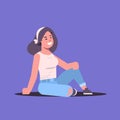 Young woman in casual clothes smiling female cartoon character girl sitting posing on violet background flat full length