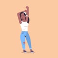 Young woman in casual clothes standing pose smiling african american female cartoon character attractive girl raising