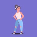 Young woman in casual clothes standing pose smiling female cartoon character girl posing on violet background flat full