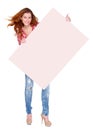 Young woman in casual clothing holding empty board Royalty Free Stock Photo