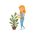 Young woman in casual clothing watering her potted plant with watering can, housewife in housework activity cartoon