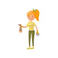 Young woman in casual clothing wiping off dust with a spray and a rag, housewife in housework activity cartoon vector