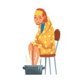 Young Woman Catch Cold, Sick Girl with Flu Sitting under Cozy Plaid Heating her Feet in Basin with Hot Water Cartoon