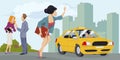 Young woman catching car on city street. Illustration for internet and mobile website