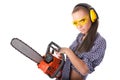 Young woman with a chainsaw