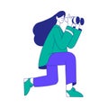 Young Woman Character at the Crossroads Look in Binoculars and Thinking Vector Illustration