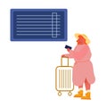 Young Woman Character in Dress and Hat Hold Smartphone and Luggage Waiting Plane Registration or Airplane Boarding