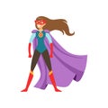 Young woman character dressed as a super hero standing in the traditional heroic pose cartoon vector Illustration Royalty Free Stock Photo