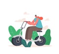 Young Woman Character Driving Electric Scooter or Bicycle in City Park. Happy Girl in Helmet Outdoors Dweller Activity Royalty Free Stock Photo