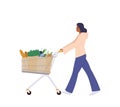 Young woman character enjoying grocery shopping pushing supermarket trolley cart filled food product