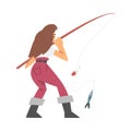 Young Woman Character in Fisherman Boots with Angling Rod Fishing Vector Illustration Royalty Free Stock Photo